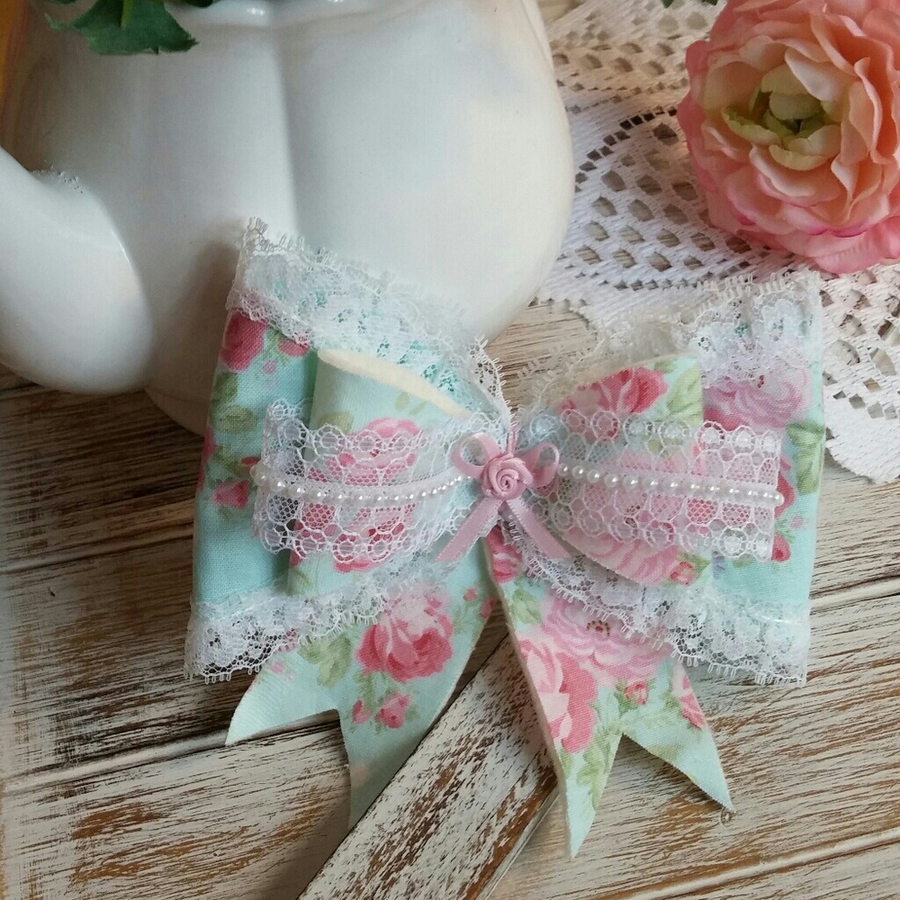 Beautiful Aqua pink floral lace clip on hair bow
